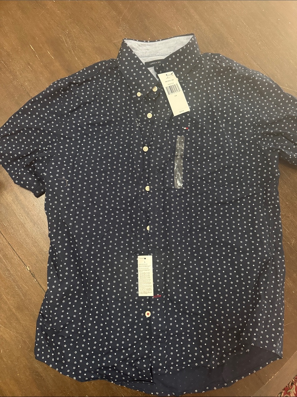Tommy Hilfiger Navy Short-Sleeve Button-Down with White Micro Dot Print